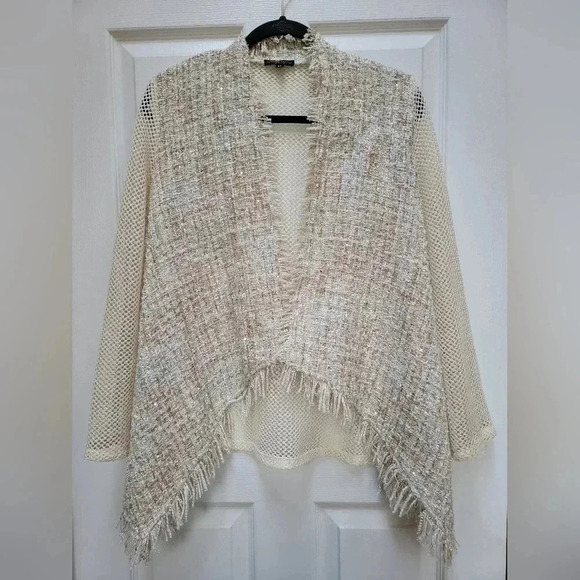 Alberto Makali Asymmetrical Fish Net Long Sleeve Fringe Cardigan Size M - Picture 1 of 4